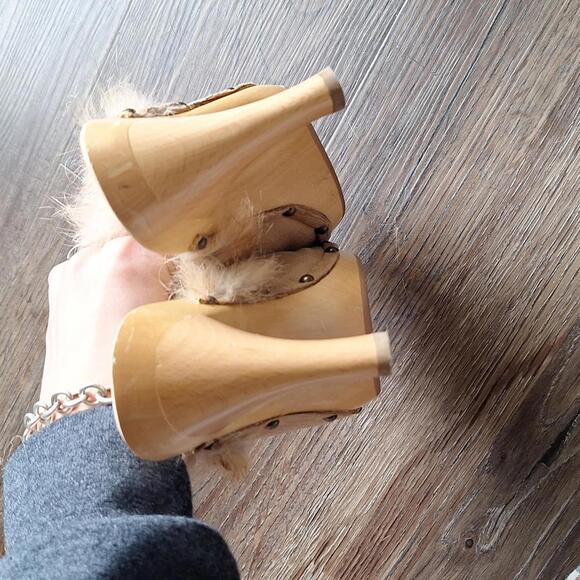 Pelle Moda Tan Leather Fur Wood Heel Size 6 - Picture 5 of 9
